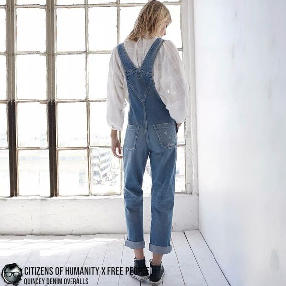 CITIZENS OF HUMANITY X FREE PEOPLE QUINCEY PATCHWORK EMBROIDERED DENIM OVERALLS - Picture 3 of 16